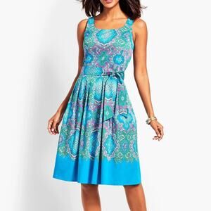 Talbots Blue Paisley Print Belted Sleeveless Fit & Flare Midi Dress Maximalist